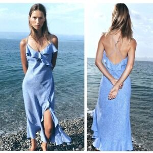 NEW Zara Ruffle Linen Blend Spaghetti Strap Maxi Dress Sundress Sz S Romantic